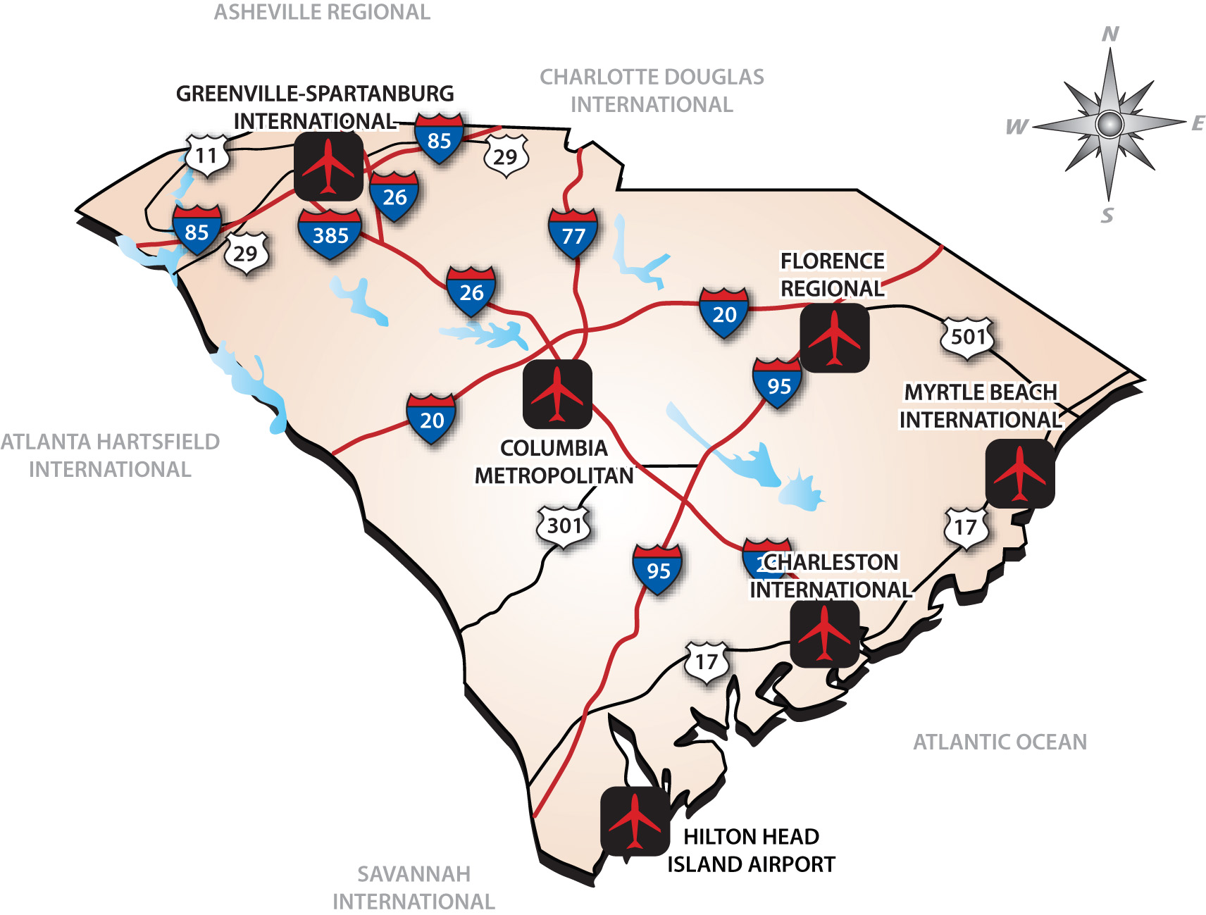 South Carolina interstates and airports